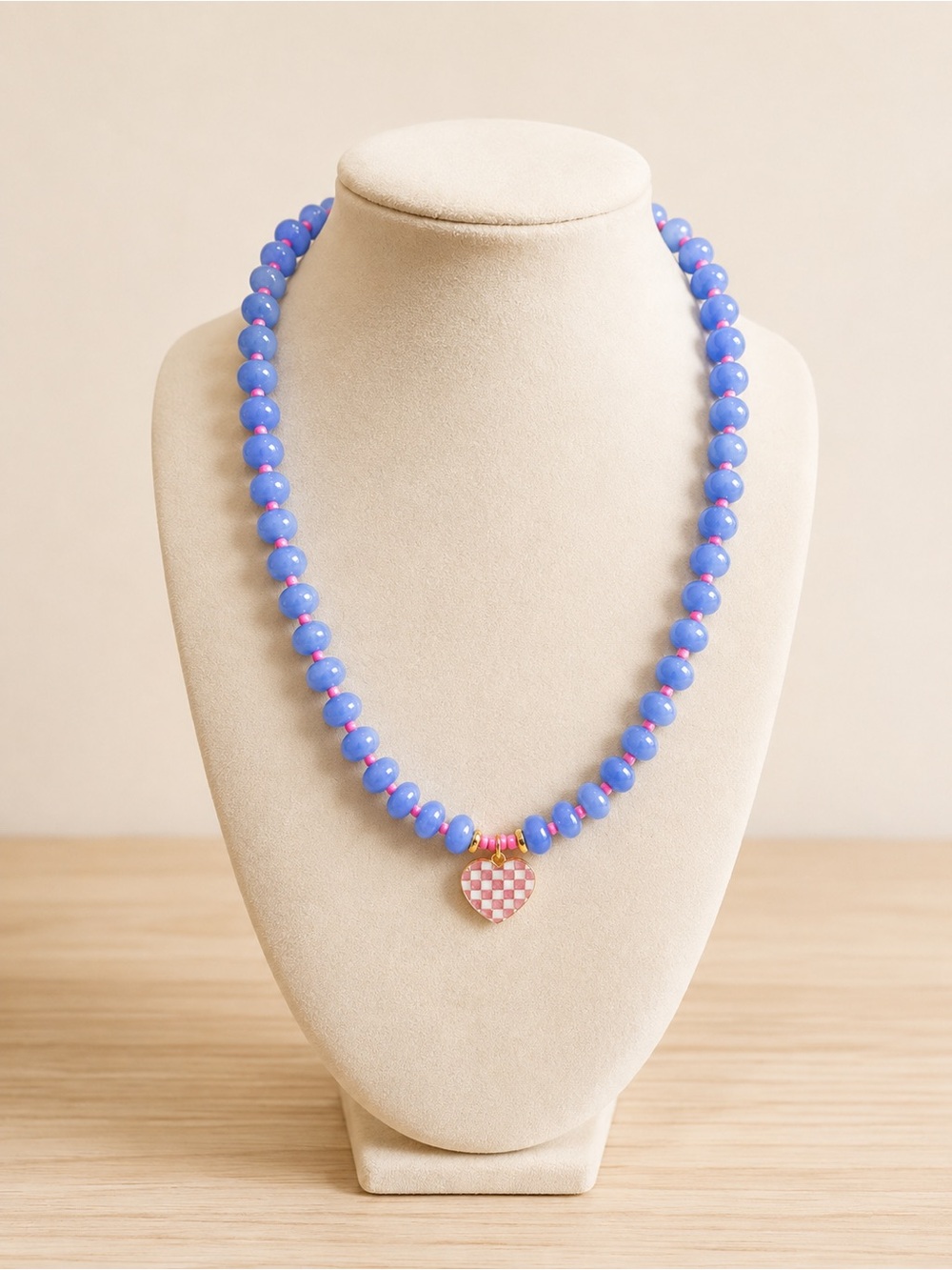 Handmade Blue Beaded Necklace Pink Checkered Heart Charm Preppy Jewelry